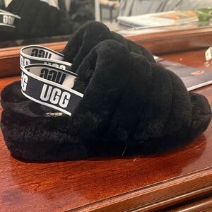 UGG Black Fuzzy Slippers